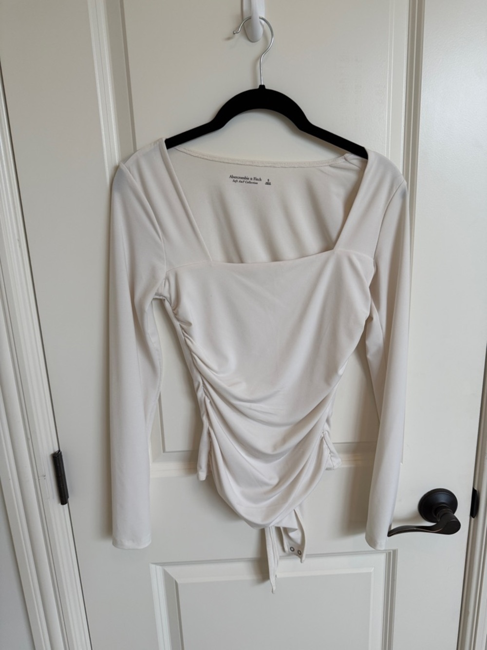Abercrombie & Fitch Cream Gathered-Side Long Sleeve Square Neck Bodysuit